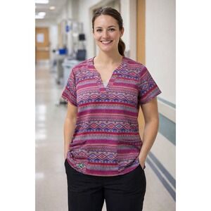 Crocs Womens Scrub Top XL Red Blue Aztec Geometric Print V-Neck Short Sleeve